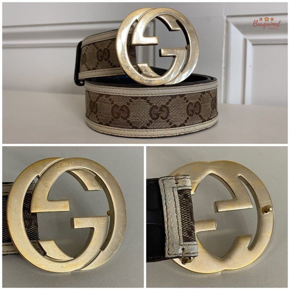 Authentic Gucci Cream Monogram Canvas Leather Interlocking G Buckle Belt 80/32 - Picture 2 of 13